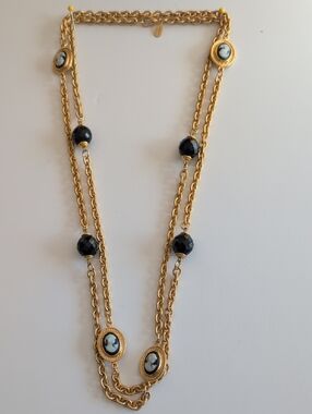 Gold Tone Cameo & Black Bead Long Necklace - Women Jewelry-Carol Lee